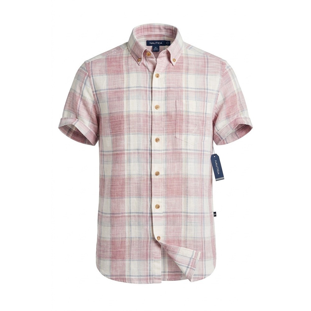 Nautica Mens Short Sleeve Button Down Plaid Shirt Deep Fuchsia White W55180 M